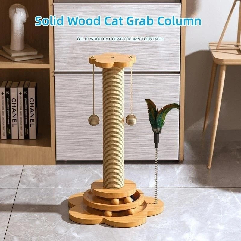 Belinana solid wood cat grab column with feather teaser for interactive cat play and scratching