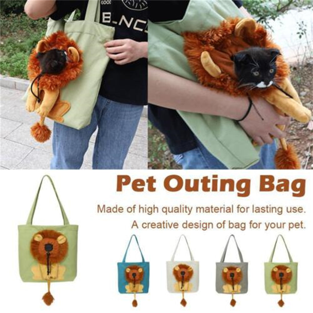 Belinana lion design pet carrier bag in various colors shown with a cat inside as a pet outing bag
