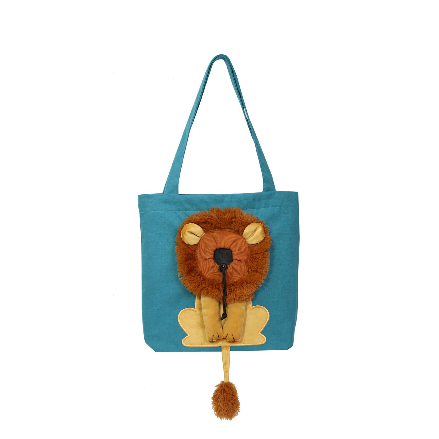 Belinana lion design pet carrier bag in blue with plush lion face and tail details