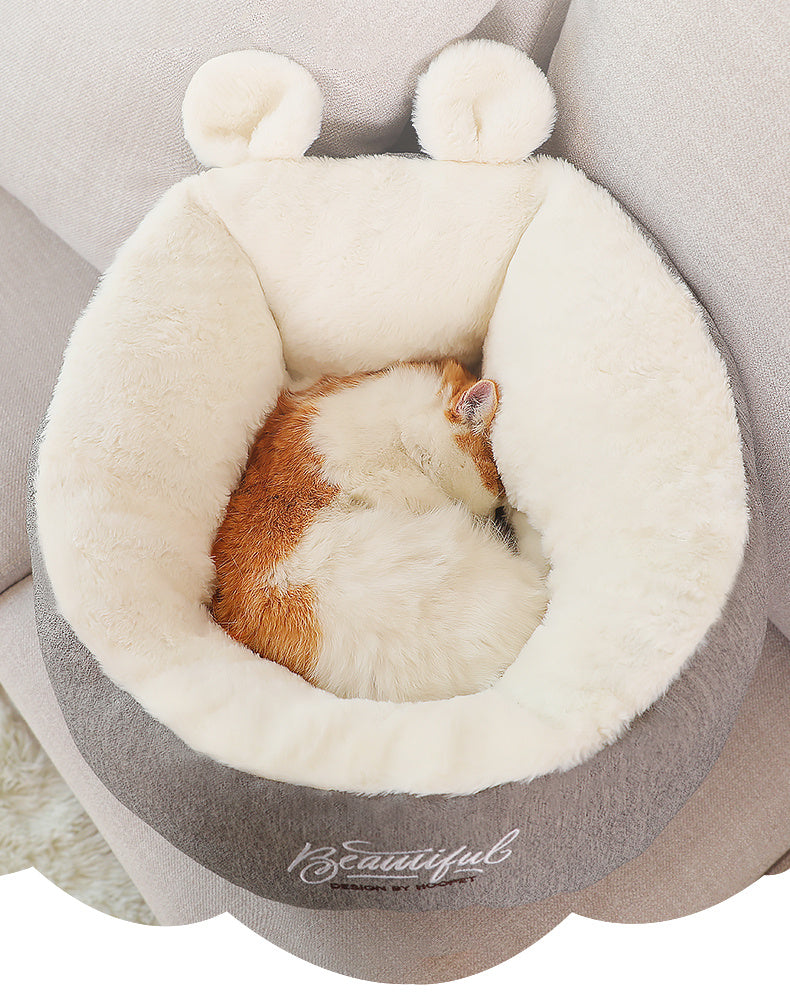Belinana cozy pets sleeping bag in beige and gray with soft plush interior and a cat curled up inside