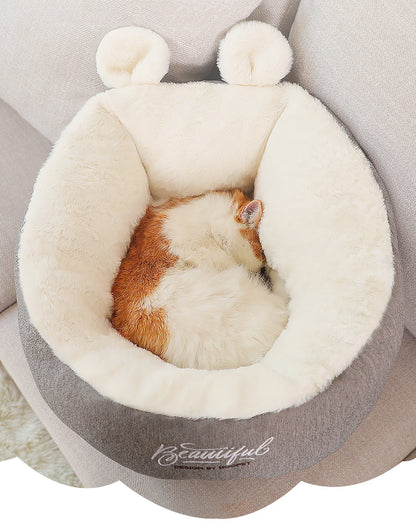 Belinana cozy pets sleeping bag in beige and gray with soft plush interior and a cat curled up inside