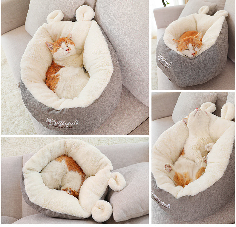Belinana cozy pets sleeping bag in gray with plush white interior featuring a cat resting comfortably