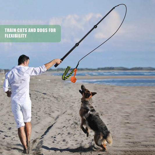 Belinana retractable dog toy for outdoor play used by man on beach to train German Shepherd jumping