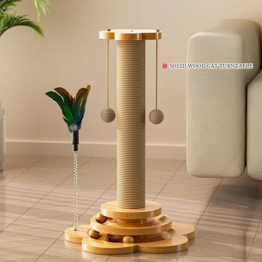 Belinana cat grab column with feather teaser and solid wood cat turntable for playful cats