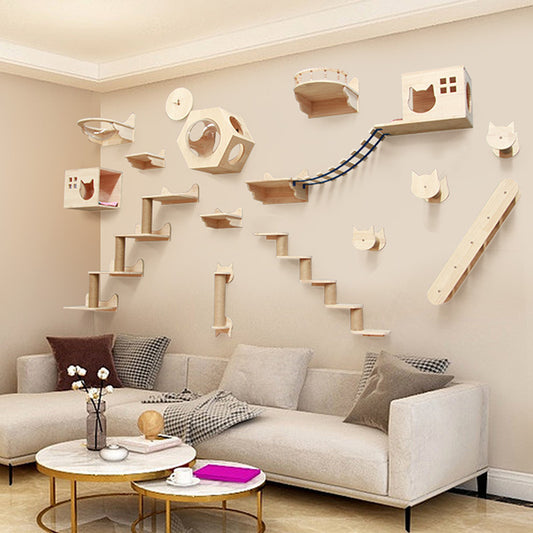 Belinana wall-mounted cat climbing frame with various wooden platforms and bridges above a beige living room sofa