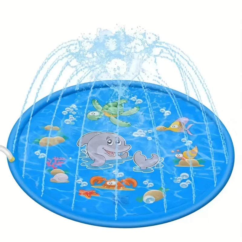 Belinana pet pool with sprinkler for backyard featuring blue splash mat with aquatic animal designs