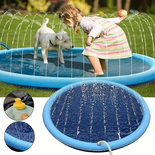 Belinana pet pool with sprinkler for backyard featuring blue inflatable edge and water spray arcs