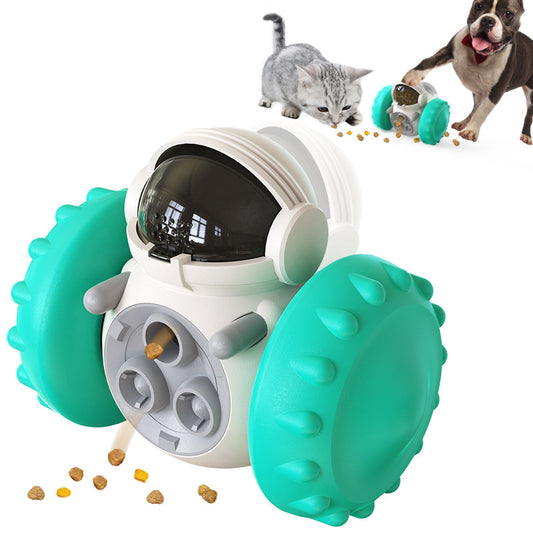 Belinana interactive pet slow feeder toy shaped like an astronaut with teal wheels and kibble dispenser