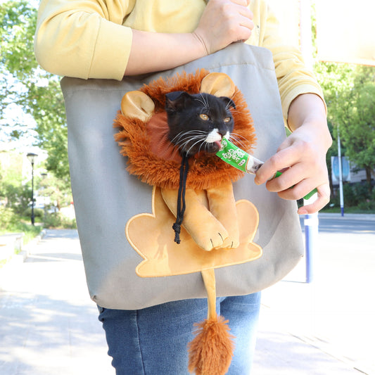 Belinana lion design pet carrier bag with plush lion mane holding a black cat outdoors