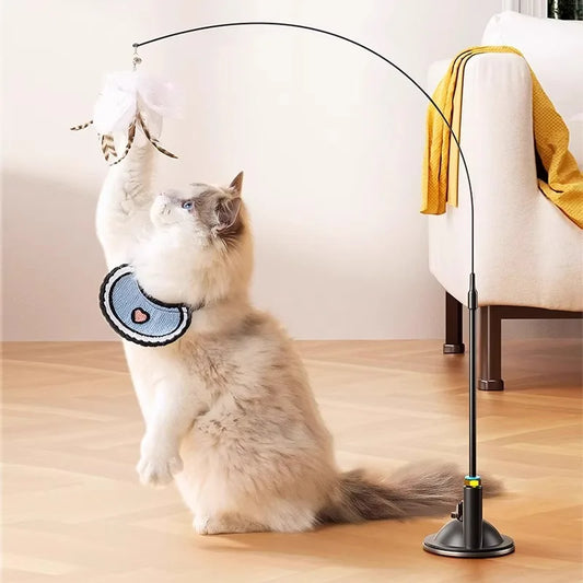 Belinana steel wire cat toy with suction cup featuring feathered dangling toy and playful cat