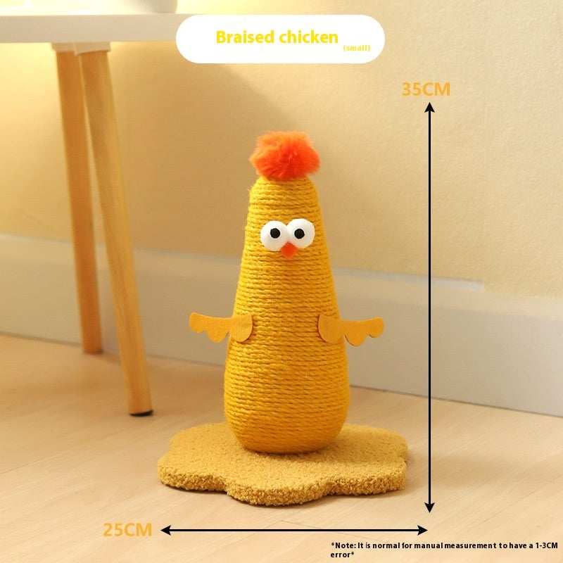 Belinana vertical cat scratcher for healthy claws shaped like a yellow braised chicken with a pom pom on top