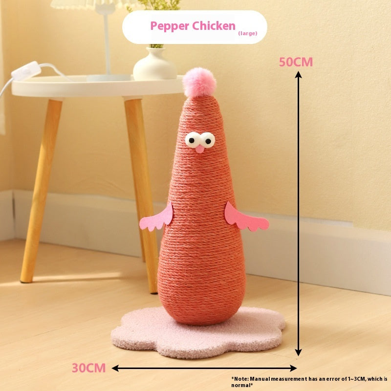 Belinana vertical cat scratcher for healthy claws shaped like a pink pepper chicken with a soft base