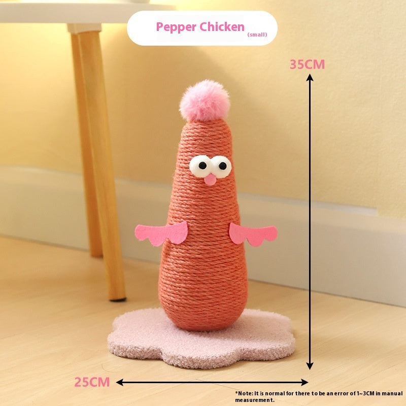 Belinana vertical cat scratcher for healthy claws shaped like a pink pepper chicken with a fluffy base