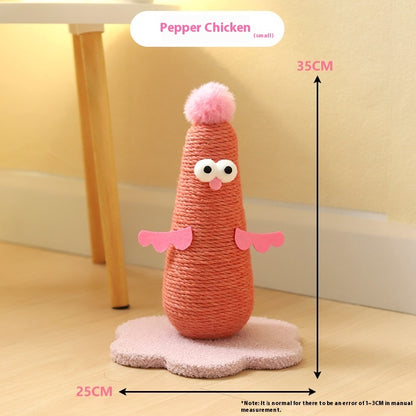 Belinana vertical cat scratcher for healthy claws shaped like a pink pepper chicken with a fluffy base