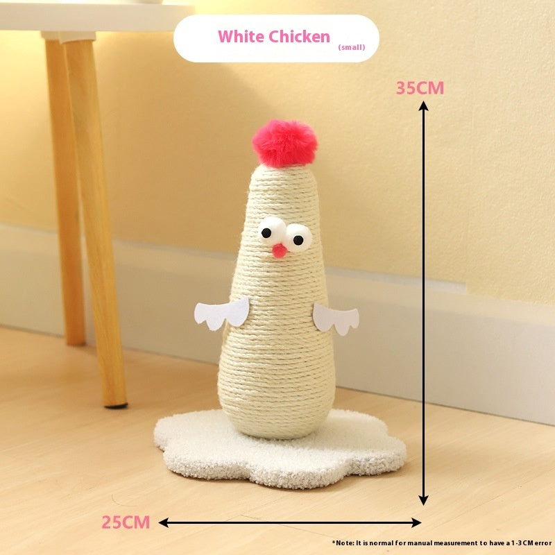 Belinana vertical cat scratcher for healthy claws shaped like a white chicken with a pom-pom on top